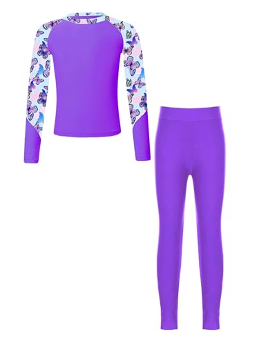 Kids Girls 2 Piece Swimsuit Floral Long Sleeve Rash Guard Shirt with Swim Pants Beach Swimwear Set