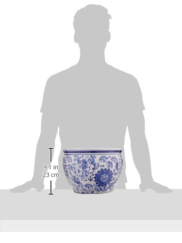 Oriental Furniture 12" Floral Blue & White Porcelain Fishbowl #TOP2