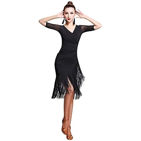 Z&X Women's Ballroom Dance Costume V Neck Pleated Long Fringed Tango Salsa Latin Dance Dress with Shorts (Tag L, Black) Cover