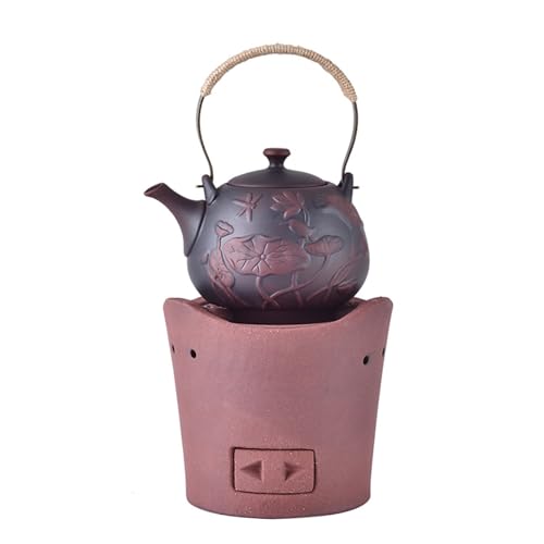 Poêle à charbon en argile rouge rare avec théière et cadre en maille pour chauffage