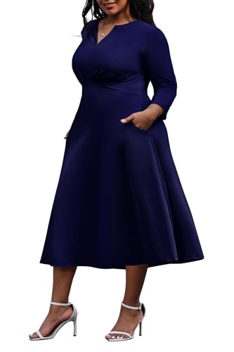 Image of Nmoder Women's Plus Size Stretchy Flared Wrap Dress Casual Wedding Guest Midi Dresses V Neck 3 /4 Sleeve A-Line Swing Dress