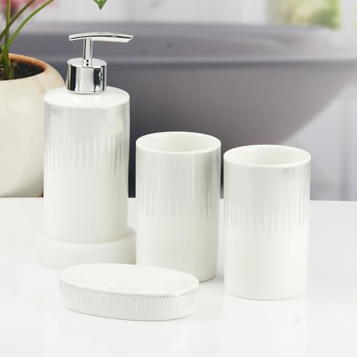 Image of SaSaSa Ceramic Bathroom Accessories Set of 4 Modern Bath Set with Soap Dispenser & Toothbrush Holder, Luxury Home & Gift Idea (11394)