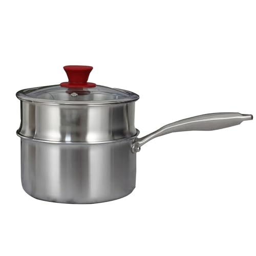 Cacerola de acero inoxidable con vaporera, cacerola de 1.5 cuartos con tapa y asa, cacerola pequeña para leche, olla vaporera segura, olla multiusos para cocinar comida de bebé, acero inoxidable, 18