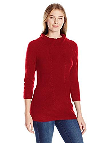 Sag Harbor Women's Cowl Neck Pullover Cashmerlon Sweater with Cable and Ribbed Front