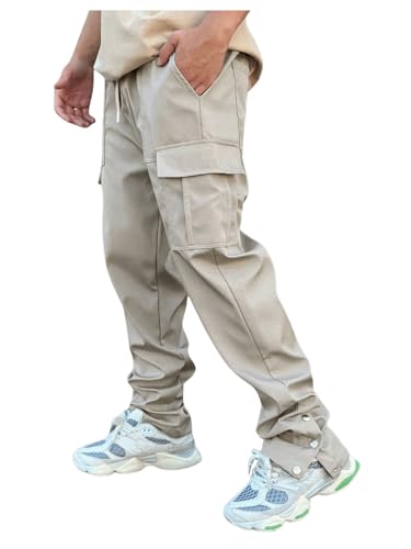 OYOANGLE Men's Drawstring Elastic Waisted Cargo Pants Solid Casual Trousers with Multi Pockets Streetwear