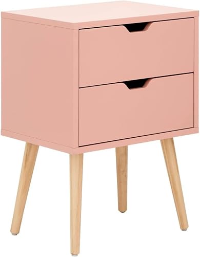 Image of VASIL MART Bedside Tables, Wooden Nightstands with Solid Wood Legs & 2 Drawers, End Tables Storage Units for Living Room /Bedroom,etc .(Pink)