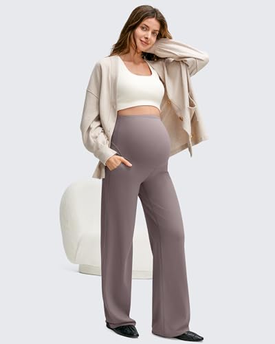 Image of G4Free BareFeel Maternity Pants Over the Belly Pregnancy Trousers for Work | High Waist Coverage,Two Side Pockets,Wide Leg Design,Soft Knit Fabric,for Dress Casual Yoga