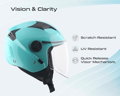Image of Vega VO-05 Clark ISI Certified Open Face Motorcycle Helmet with High-Impact ABS Shell, Scratch-Resistant Visor, Comfortable Breathable Inner Padding & Secure Strap - Mint - M