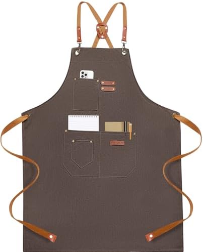 KACHUAN BEAR Chef Aprons for Men Women with 4 Large Pockets, Cotton Canvas Cross Back Adjustable Apron for Work grilling kitchen gardening (grey)