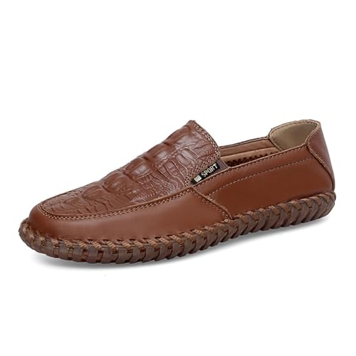Men's Upper Crocodile - Embossed Loafers, Classic Round Toe Brown Casual Business Dress Shoes with Hand - Stitched Sole and Slip - on Design