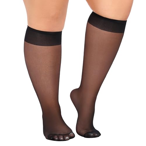 MANZI 10 Pairs Plus Size Knee High Stockings for Women 15D Sheer Nylons Socks with Wide Calf, Black