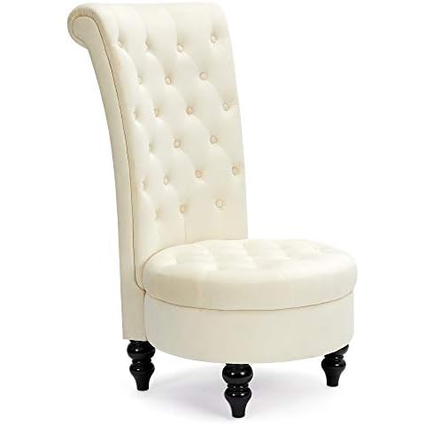 AVAWING Throne Royal Chair for Living Room, Button-Tufted Accent Armless High Back Chair with 24.6 Inch Larger Seat, Thick Padding and Rubberwood Legs, Cream White Cover