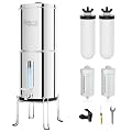 Purewell 2.25G Gravity Water Filter System with Water Level Window, 8-Stage Stainless Steel Countertop System with 4 Filters and Stand, Reduce Fluoride and Chlorine, PW-KST-CF