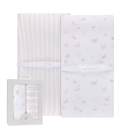 Image of Ely’s & Co. Changing Pad Cover, Diaper Changing Table Sheets, 2 Pack, Cradle Sheet Set for Baby Girls, 100% Jersey Knit Cotton, 32”x16”x5” Pink Butterfly + Stripe Collection