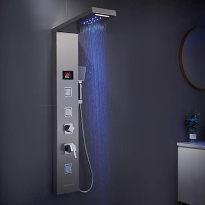 MENATT LED Shower Panel, 5-in-1 Shower Tower System, Rainfall & Waterfall Shower Head, Massage Jets, Tub Spout, Handheld Shower (Brushed)