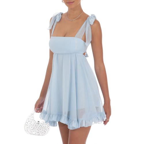 Women's Babydoll Mini Dress Tie Shoulder Backless Bow Party Summer Sundress Flowy Short Graduation Dress3