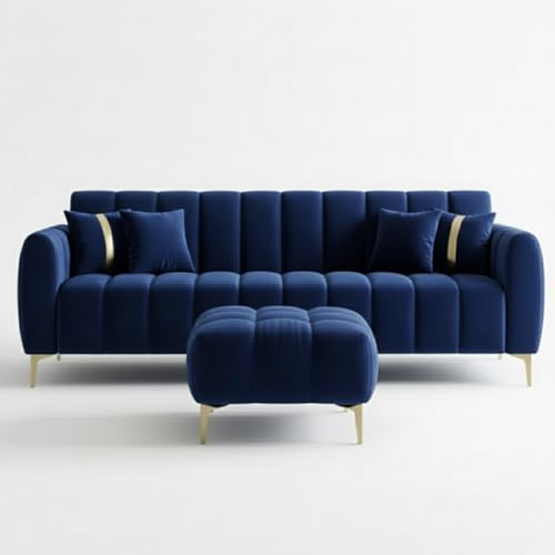 Image of CASASTYLE Hanster 4 Seater L Shape Sofa Set with Movable Ottoman | Flexible Left or Right Layout | Cozy Velvet Fabric | Soft Touch Seating with Golden Legs | Sofa for Living Room (Dark Blue)