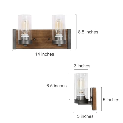 LOG BARN Rustic Bathroom Light Fixtures, 2 Light Farmhouse Vanity Lights for Bathroom with Clear Textured Glass Lampshade, 14 Inch Faux Wood Bathroom Lighting Lights Over Mirror by LOG BARN - Image 4