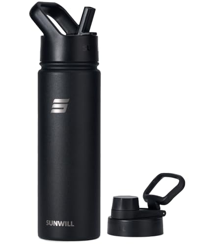 SUNWILL Stainless Steel Water Bottle with Straw, 650ml Insulated Water Bottle Metal, Leakproof Water Flask for Gym & Travel, Black SUNWILL Stainless Steel Water Bottle with Straw, 650ml Insulated Water Bottle Metal, Leakproof Water Flask for Gym & Travel, Black
