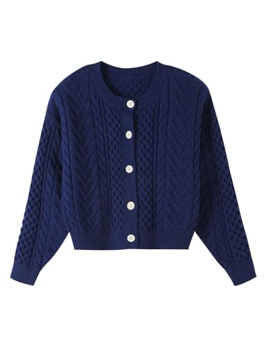 Girls Cardigan Long Sleeve Chunky Cable Knit Cardigan for Girls Button Front Uniform School Sweater 5-14Y