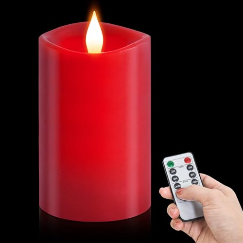 Image of 1PCS, 3 x 5 inches Flameless Candle with Remote Control, 3D Flickering Wick, Real Wax Pillar LED Candles, Battery Candles,with Timer,for Holiday Home Decor, Red