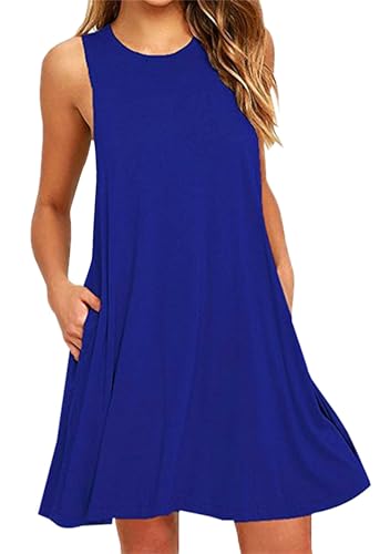 OMZIN Women's Beach Dress Oversized Mini Dresses Oversized Round Neck Casual Dress Blue M