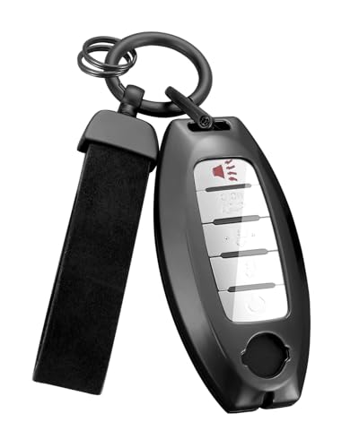 Atecek Compatible with Nissan Key Fob Cover, TPU+Zinc Alloy All Protection Car Key Case with Leather Keychain for Altima Rogue Pathfinder Maxima Sentra Armada Murano Versa Accessories (Black)
