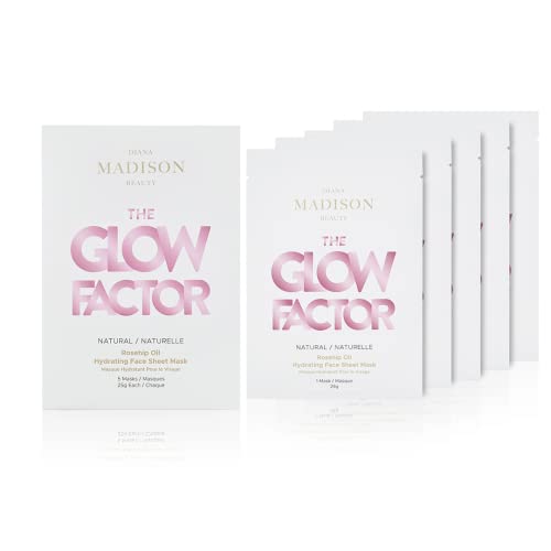 Diana Madison Beauty - Sheet Face Mask | Skin Care | Rosehip Oil and Prickly Pear Seed | For Hydrating and Clear Skin | Vitamin E & K | Full Face Masks for Woman | Self-Care Routine (Pack of 5)