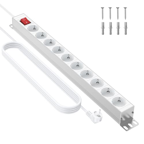 10-Fach Steckdosenleiste &uuml;berspannungsschutz, Mehrfachsteckdose Wandmontage Aluminium Steckerleiste mit Schaltern, Sewingvr Verl&auml;ngerungskabel f&uuml;r B&uuml;ro Zuhause, 1,8M Kabel, 3680W/16A, Wei&szlig;
