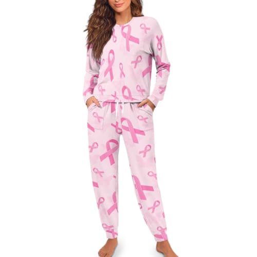 Image of Womens Lounge Set Long Sleeve Soft Pajama Sets | Casual 2 Piece Pj Outfit, Crewneck Sleepwear with Pockets, Adjustable Drawstring, Soft Comfy Fall Pajamas, Plus Size