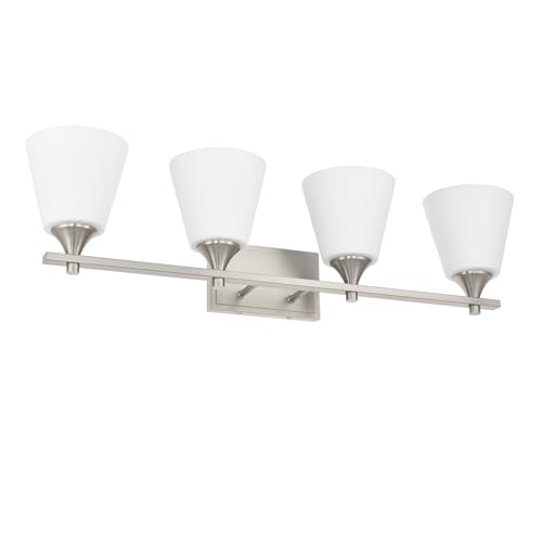 Image of Bathroom Vanity Light Fixtures, American Traditional Brushed Nickel 4 Lights Vanity Lighting Fixture with Opal Glass Shade, Porch Wall Mount Light Fixture for Bathroom, Mirror Cabinets Hallway Stairs