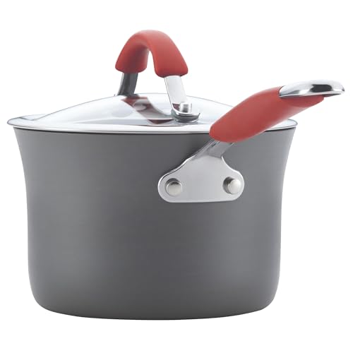 Rachael Ray Cucina Dishwasher-Safe Hard-Anodized Pots and Pans Set Non Stick Cookware, 12-Piece, Gray with Red Handles - image 9