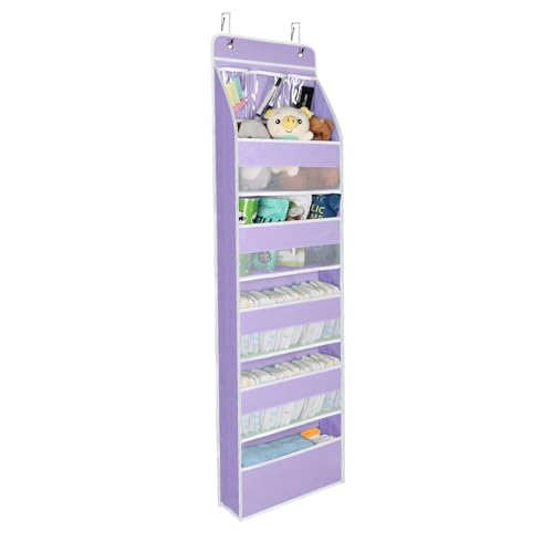 Image of Univivi Door Storage Organizer Nursery Over the Door Organizer Baby Storage with 5 Large Pockets and 3 Small PVC Pockets for Cosmetics, Toys and Sundries (Purple)