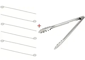 CHEF DIRECT Stainless Steel Round Skewers + BBQ Tong for Grill // 7 PCS Pack (6 Skewers + 1 Tong)// Barbecue Tandoor Tikka Kebab Kabob Metal Sticks & Pincer (12 INCH Skewers + 12 INCH BBQ Tong)