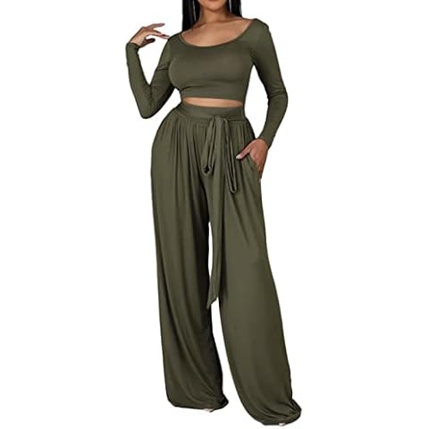 EDITCOZY Women Casual 2 Piece Pants Sets Backless Long Sleeve Jumpsuits Crop Top High Waist Wide Leg Pants Outfits, Army Green, Small Cover