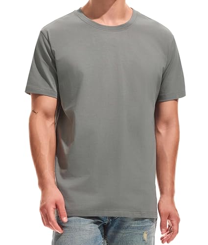 RONOMO Herren T-Shirt Basic Uni | Mittlere Elastizität | Vorgewaschen schrumpffrei | Rippstrick-Kragen | Kurzarm Classic Fit（LW Grau XL