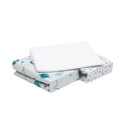 FlyIdeas Set Lenzuola Lettino Neonato 60x120 cm + Coprimaterasso Impermeabile – 2 Lenzuola con Angoli 100% Cotone per Lettino con Sbarre da Campeggio e da Viaggio Traspiranti e Delicate sulla Pelle