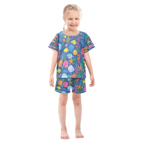 Colorful Seashells Pattern Kids Pjs Set Boys Girls Summer Short-Sleeve Sleepwear Pajamas 2PCS3