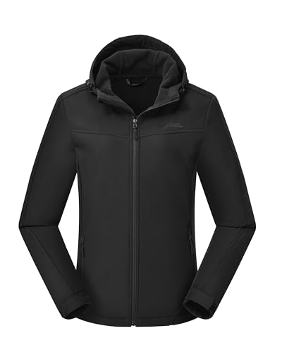 USHARESPORTS Women's Softshell Jacket Lightweight Fleece Lined Waterproof Coats Rain Jacket with Hood for Hiking Running BLACK L