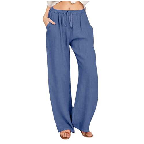 Cotton Wide Leg Palazzo Pants for Women Summer Casual Beach Pants Loose Fit Drawstring Lounge Trousers with Pockets