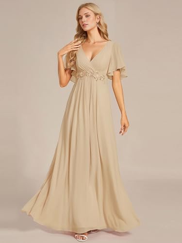 Image of Ever-Pretty Women's Spring Short Sleeve Bridesmaid Dresses V-Neck Chiffon Ruched Empire Waist Appliques Long Formal Dress