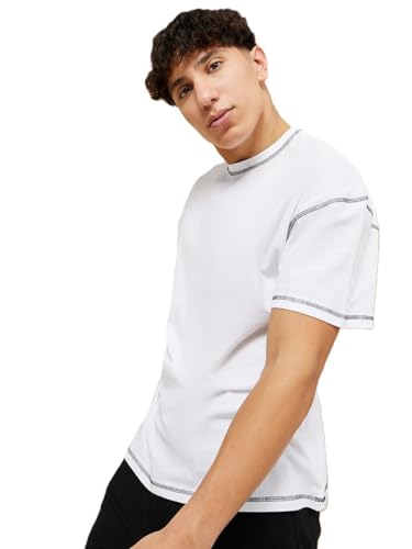 Image of Men's Oversized Crew Neck T-Shirt | Premium Cotton Blend | Contrast Stitch Detail | Half Sleeve Casual Solid Tee for Men
