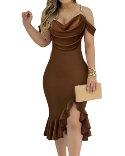 CHICME Womens Sexy Bodycon Party Dress Off The Shoulder Pearls Strap Midi Dress Ruffle Hem Cocktail Dresses