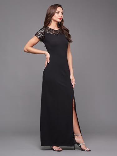 Image of Miss Chase Women's Round Neck Sleeve Embellished Fit Flare Maxi Dress
