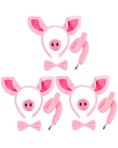 4 Pieces Pig Ears and Tail Set-Pink Pig Headband Tail Nose Bow Tie Cosplay Party Halloween Costume Accessories (3 Sets)