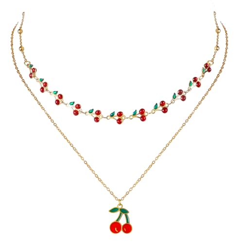 Jojomina Cherry Necklace for Women 2PCs 14K Gold Plated Layered Dainty Pendant Cute Summer Fruit Jewelry Accessories