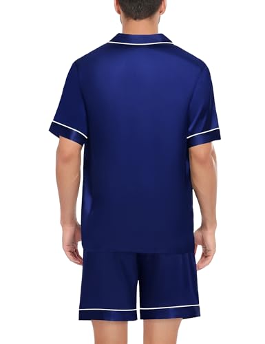Image of SWOMOG Satin Matching Pajamas Sets Couple Silk Button Down Nightwear Women & Men Short Sleeve Sleepwear 2 Pieces Loungewear