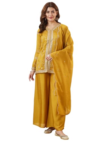 Image of MOKOSH Women's Silk Embroidery Kurta Sharara with Dupatta | Kurta Set | V Neck Full Sleeve Ethnic Suit | Indian Kurta Outfit with Sharara |3 Piece Outfit