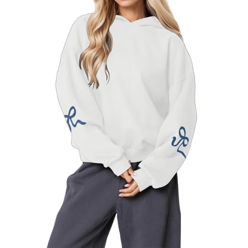 Sudaderas con capucha para mujer, con estampado de lazo, manga larga, hombros caídos, para otoño e invierno, Blanco, XXL