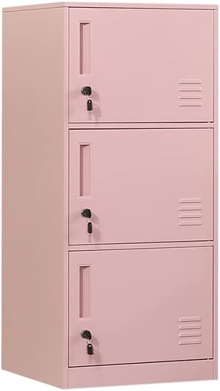 3 Door Metal Vertical Storage Locker for Kids Bedroom, Children Room, School, Office, Home,Stackable Steel Storage Cabinet for Toys, Clothes & Sports Equipment,Anti-Tilting Device. (3D, Pink)